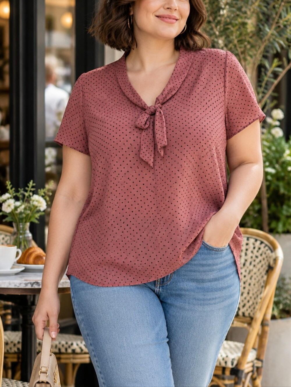 Tamara H  Polka Dot Tie Neck Short Sleeve Blouse  Size 1X
